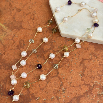Estate 14KT Yellow Gold Pearl Bead + Checkerboard Rondelle Multi Gemstone Station Necklace