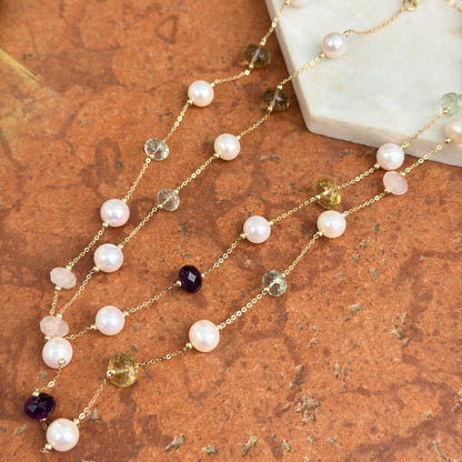 Estate 14KT Yellow Gold Pearl Bead + Checkerboard Rondelle Multi Gemstone Station Necklace