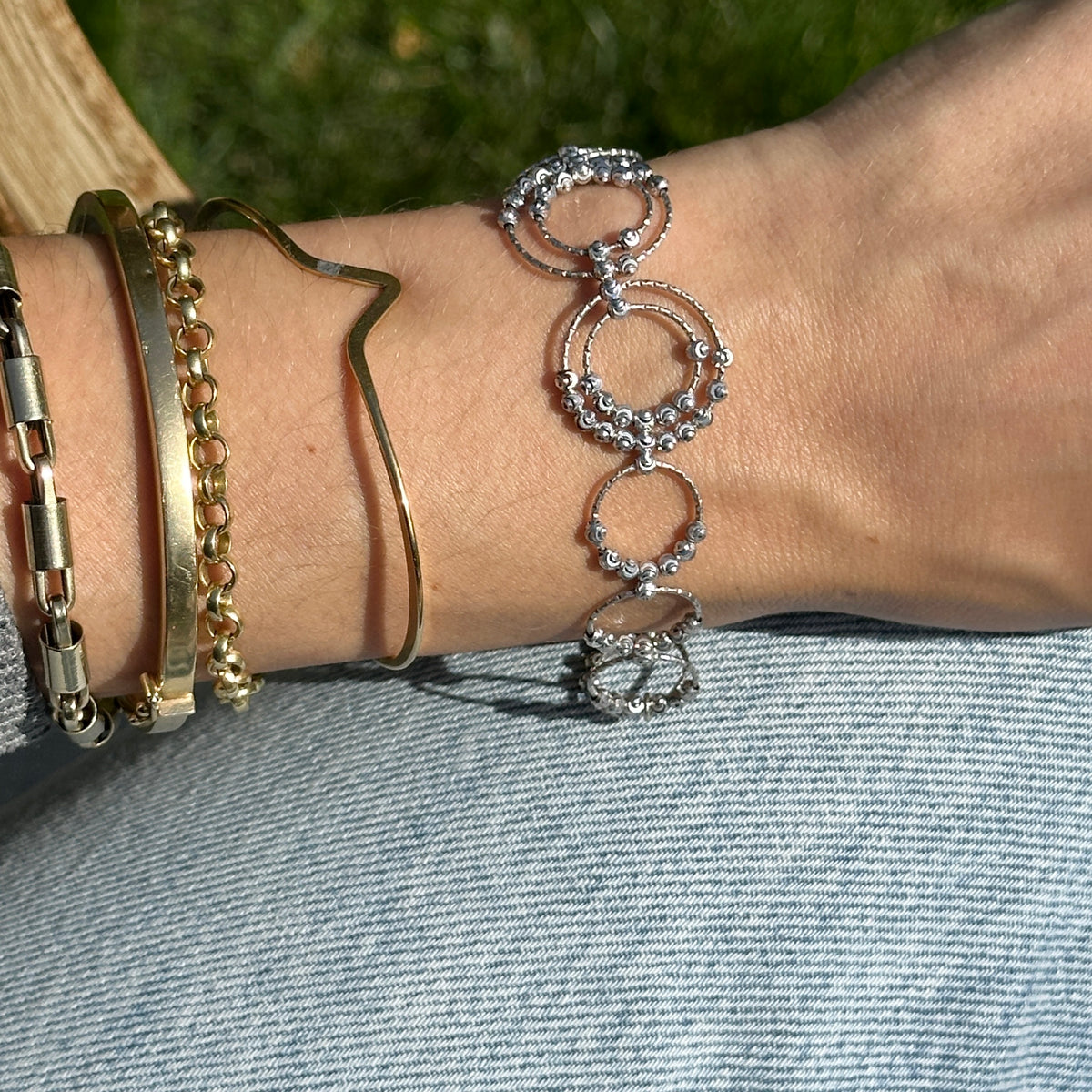 Estate Sterling Silver Sparkle Beaded Ball Circles Bracelet