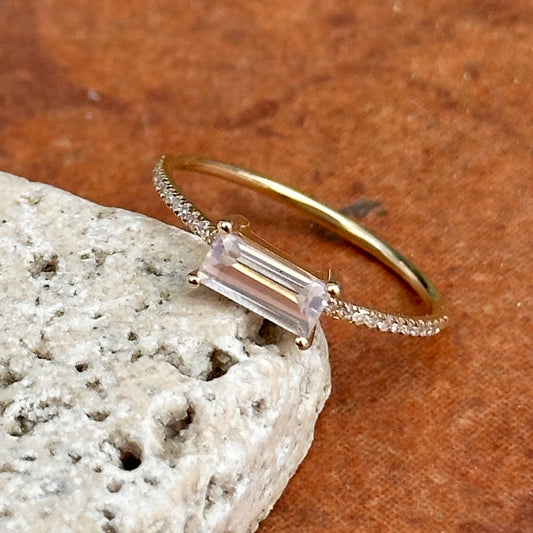 Estate 14KT Yellow Gold Rectangle Rose Quartz + Diamond Ring - LSJ