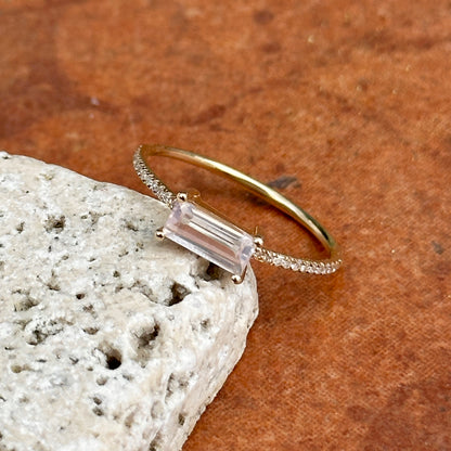 Estate 14KT Yellow Gold Rectangle Rose Quartz + Diamond Ring