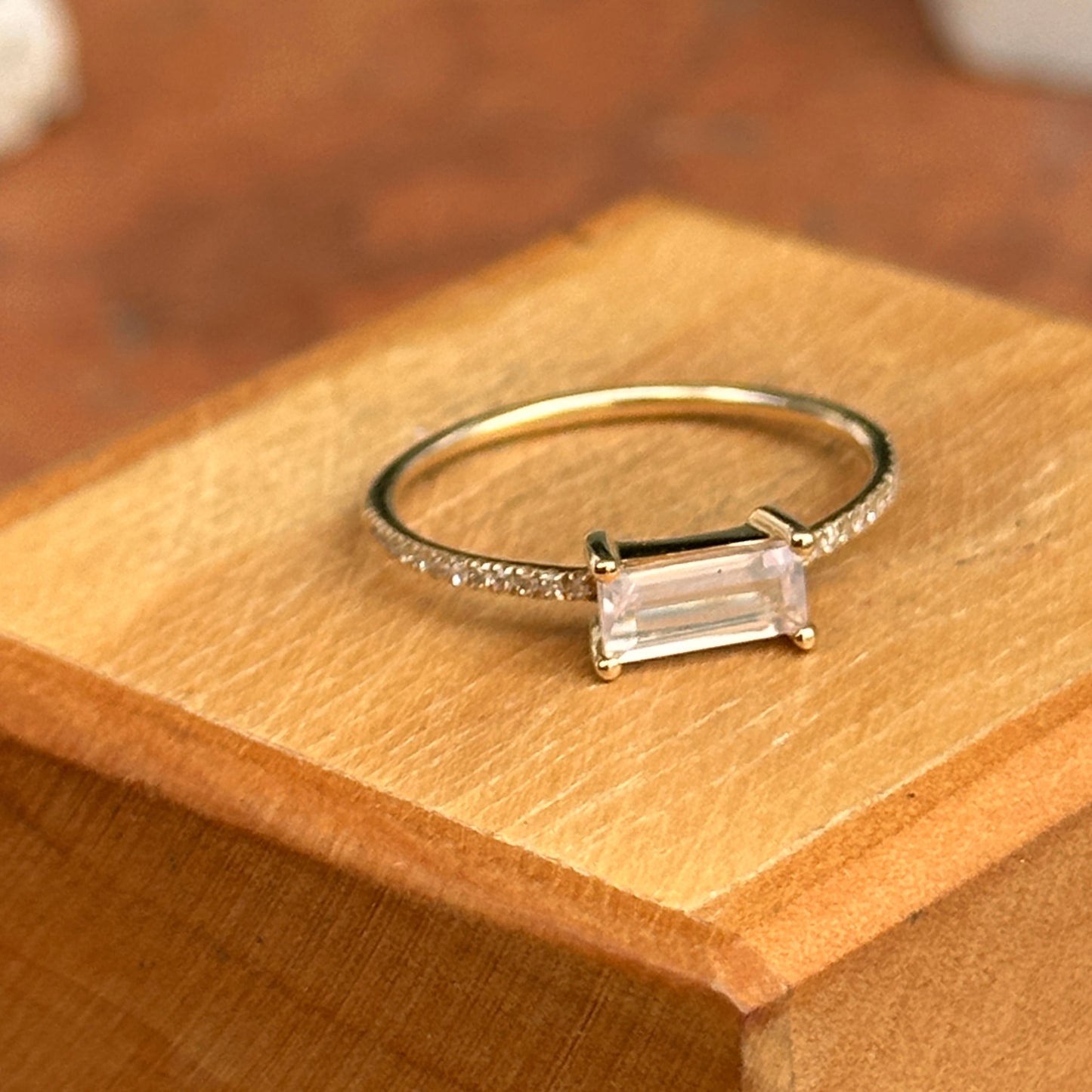 Estate 14KT Yellow Gold Rectangle Rose Quartz + Diamond Ring