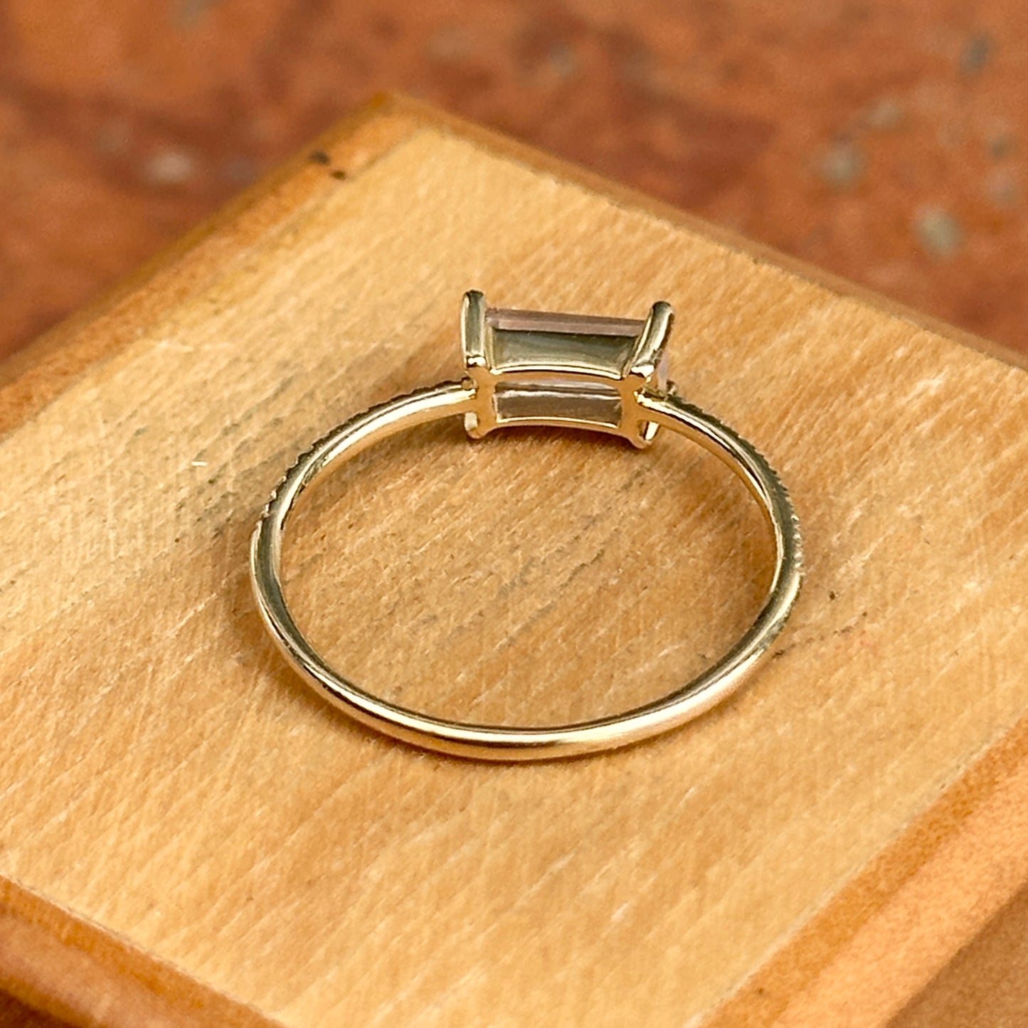 Estate 14KT Yellow Gold Rectangle Rose Quartz + Diamond Ring