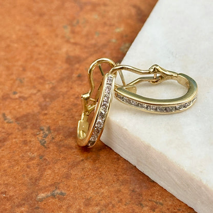 Estate 14KT Yellow Gold Round Diamond Channel-Set J Hoop Earrings