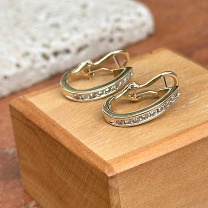 Estate 14KT Yellow Gold Round Diamond Channel-Set J Hoop Earrings