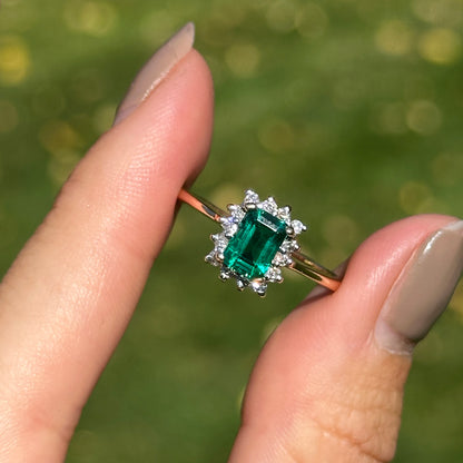 Estate 10KT Yellow Gold .95 CT Emerald-Cut Emerald + Diamond Halo Ring