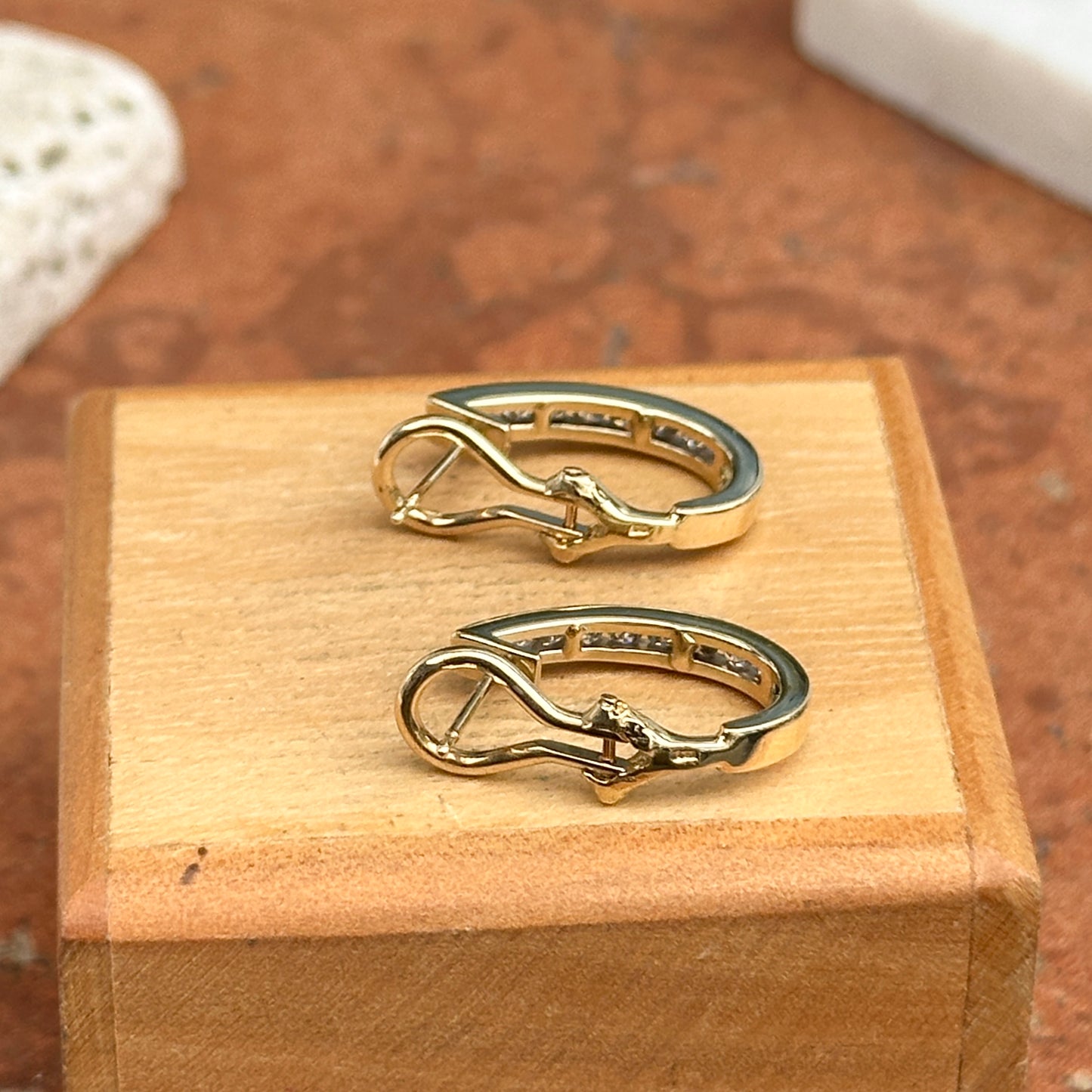Estate 14KT Yellow Gold Round Diamond Channel-Set J Hoop Earrings