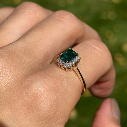 Estate 10KT Yellow Gold .95 CT Emerald-Cut Emerald + Diamond Halo Ring
