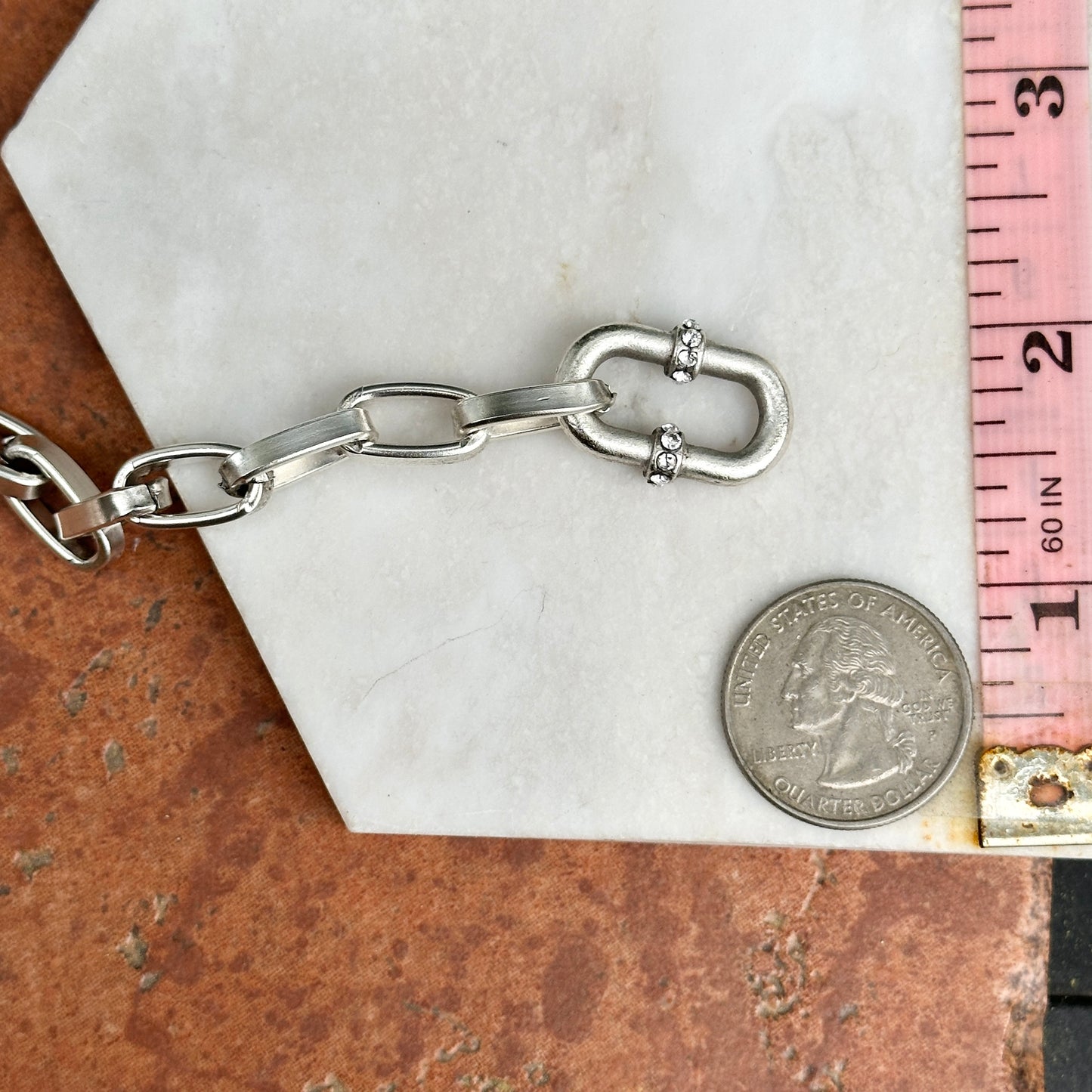 Silver Plated Brass Crystal Carabiner Toggle Chain Bracelet