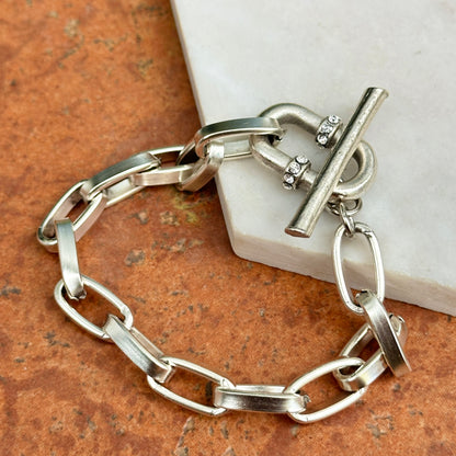 Silver Plated Brass Crystal Carabiner Toggle Chain Bracelet