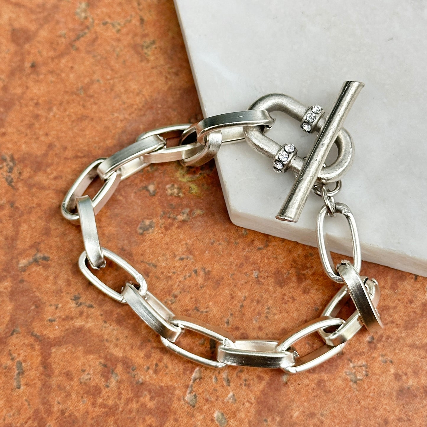Silver Plated Brass Crystal Carabiner Toggle Chain Bracelet