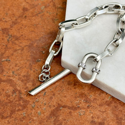 Silver Plated Brass Crystal Carabiner Toggle Chain Bracelet