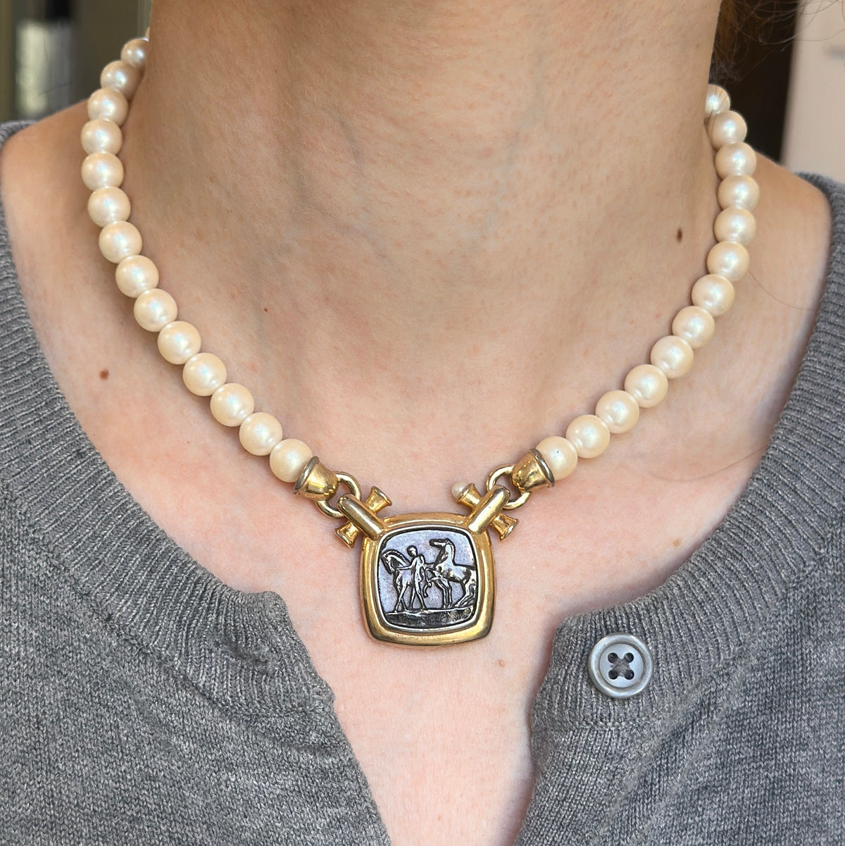 Estate Gold-Tone Marvella Coin + Faux Pearl Necklace