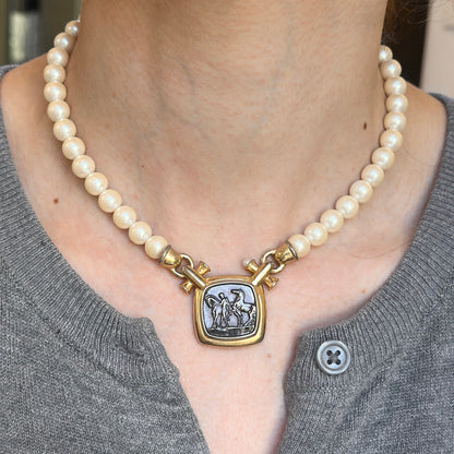 Estate Gold-Tone Marvella Coin + Faux Pearl Necklace