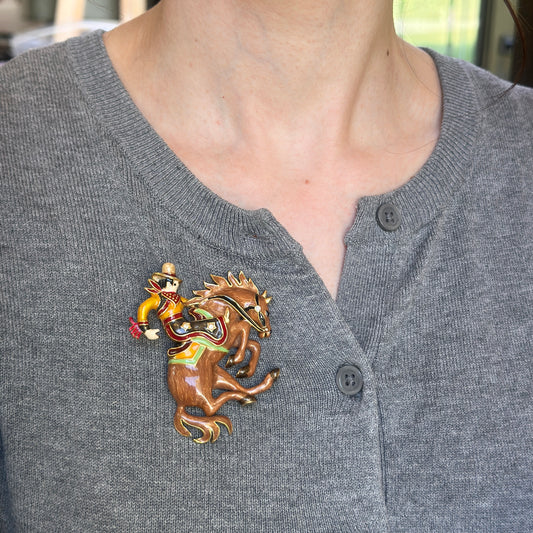 Estate Gold-Tone Bob Mackie Enameled Bucking Bronco Brooch