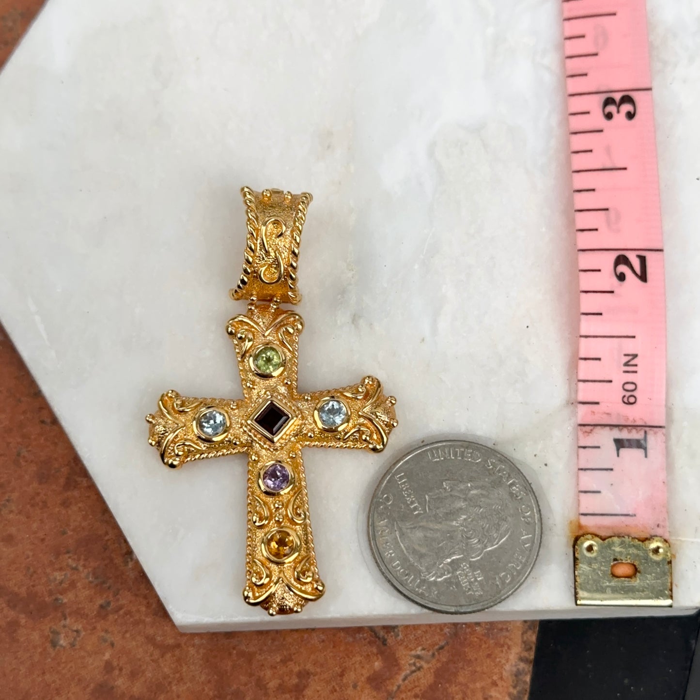 Estate Gold-Plated Sterling Silver Gemstone Byzantine Cross Pendant