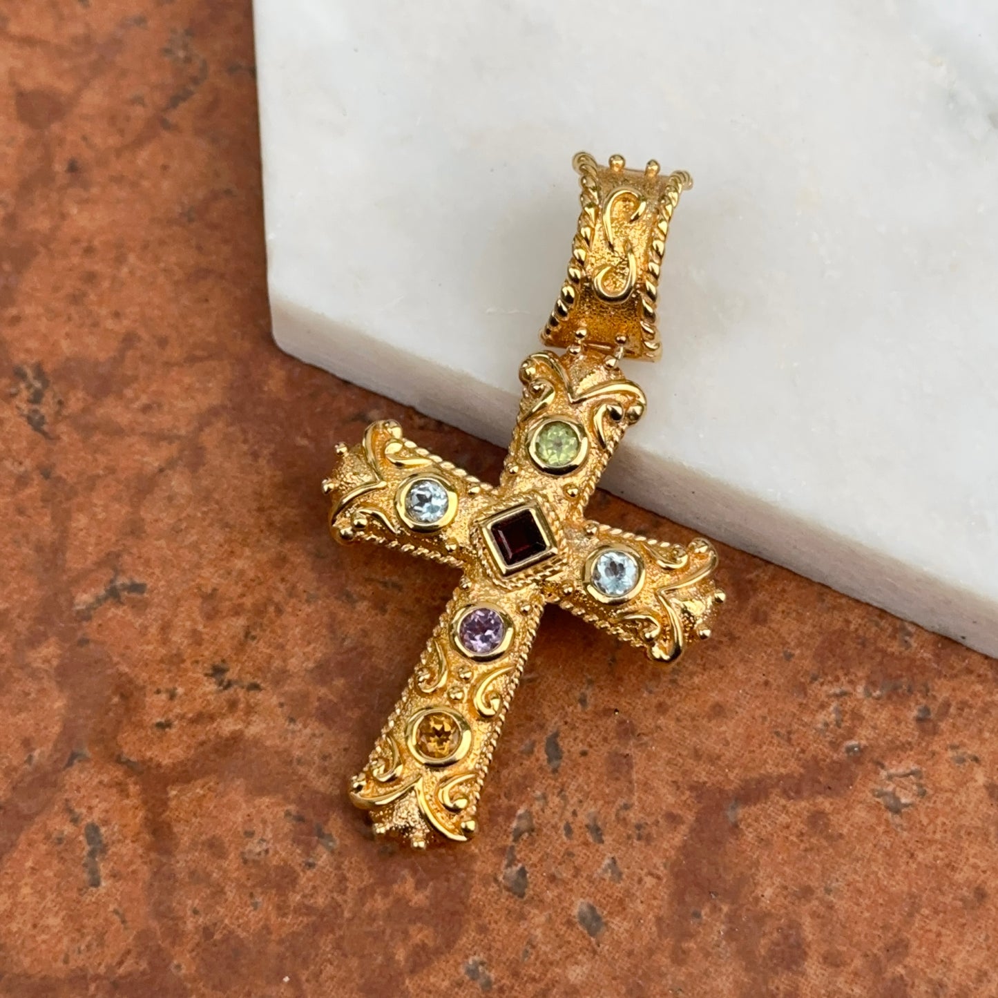 Estate Gold-Plated Sterling Silver Gemstone Byzantine Cross Pendant