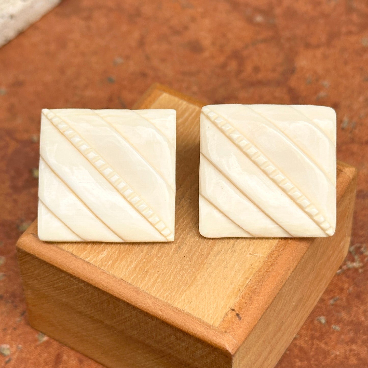 Estate Gold-Plated Square Carved Lucite Post Earrings