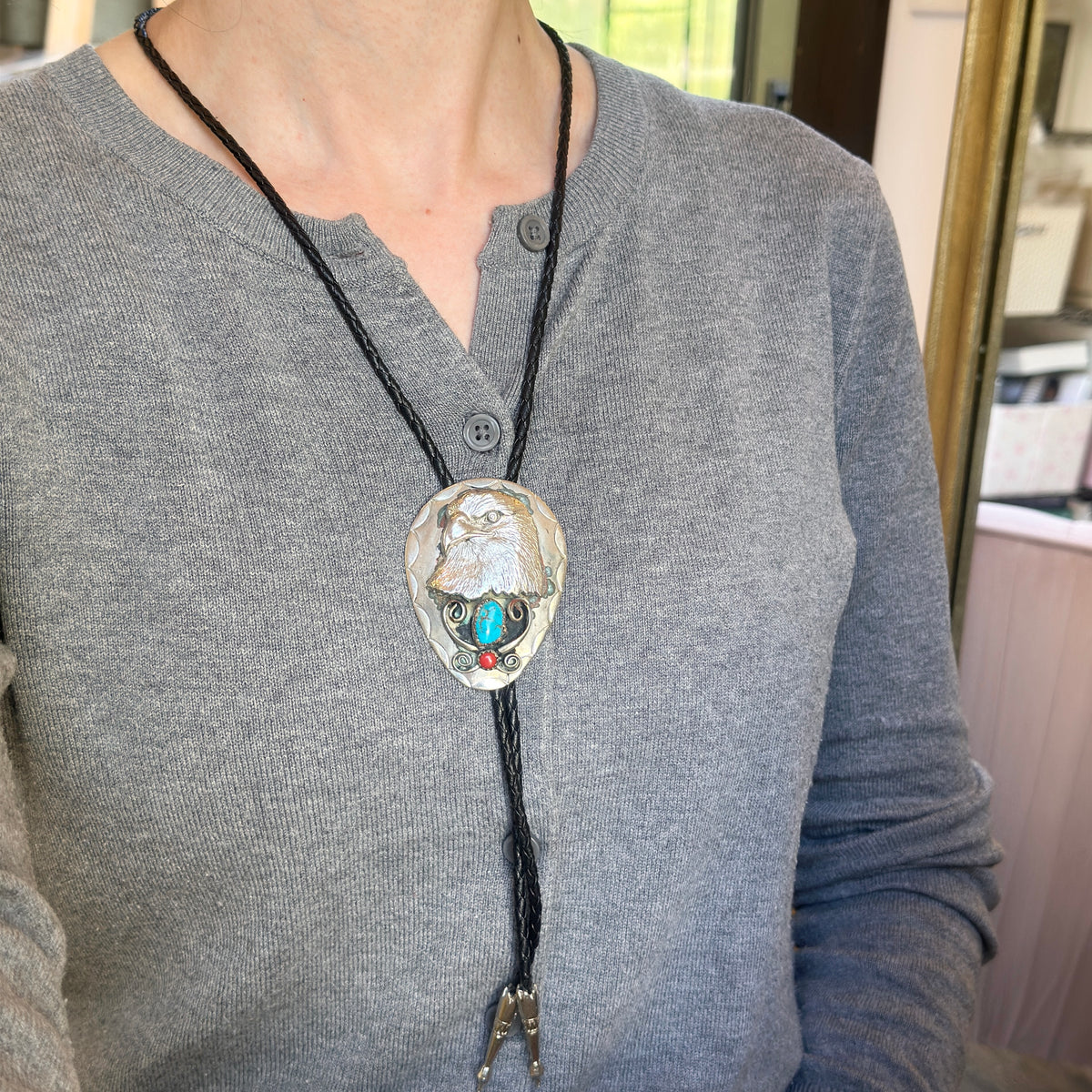 Estate Silver Turquoise + Coral Eagle Bolo Tie