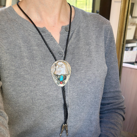 Estate Silver Turquoise + Coral Eagle Bolo Tie
