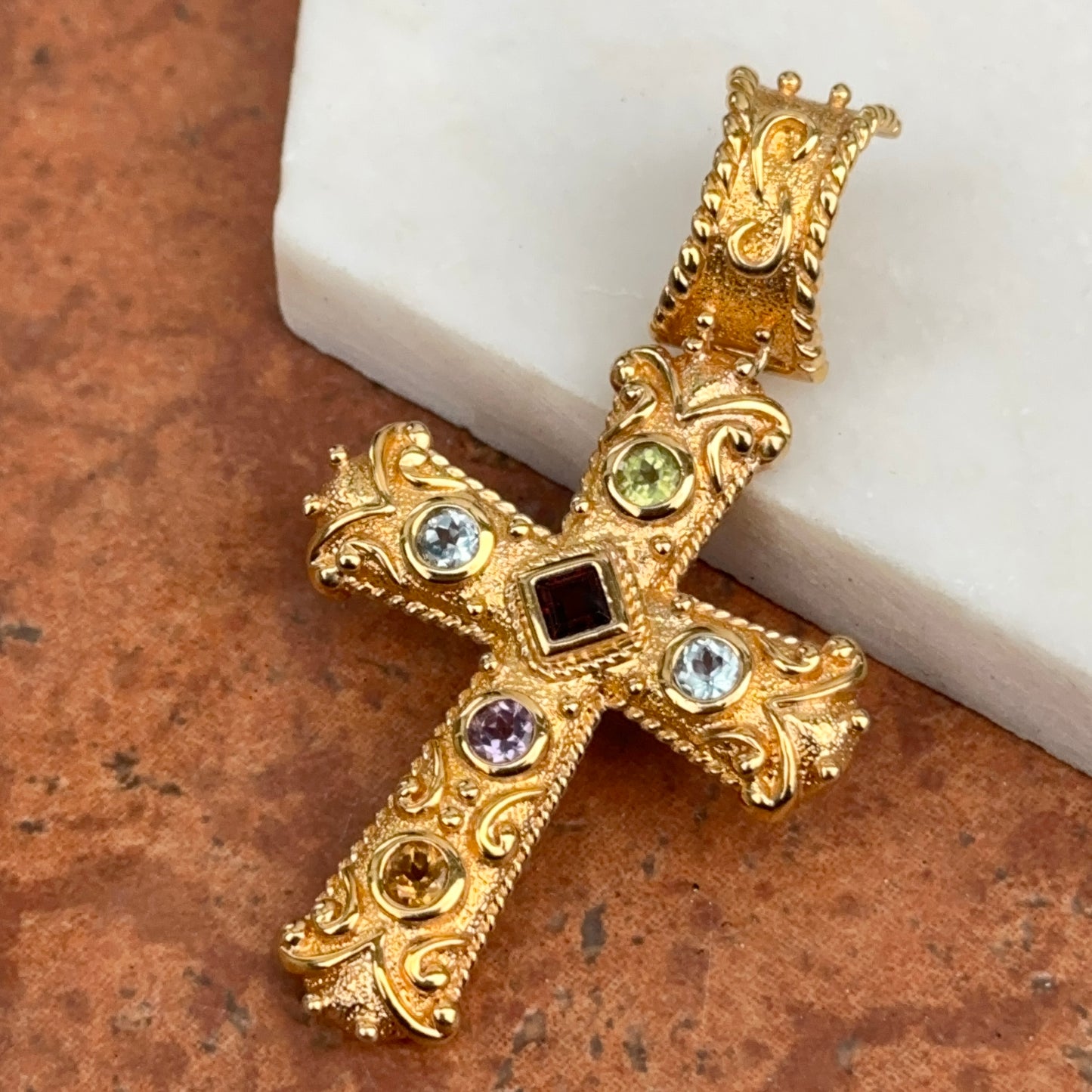 Estate Gold-Plated Sterling Silver Gemstone Byzantine Cross Pendant