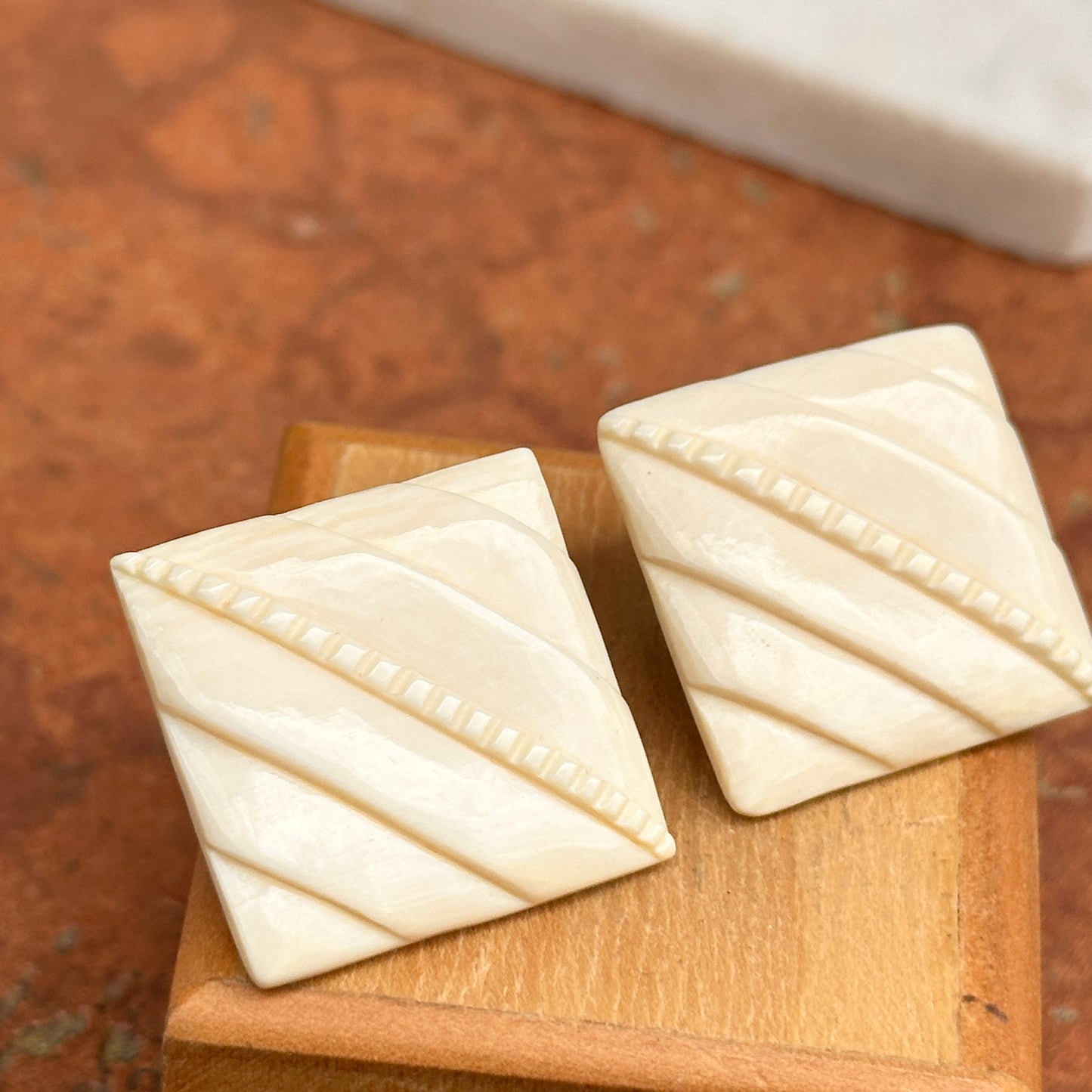 Estate Gold-Plated Square Carved Lucite Post Earrings