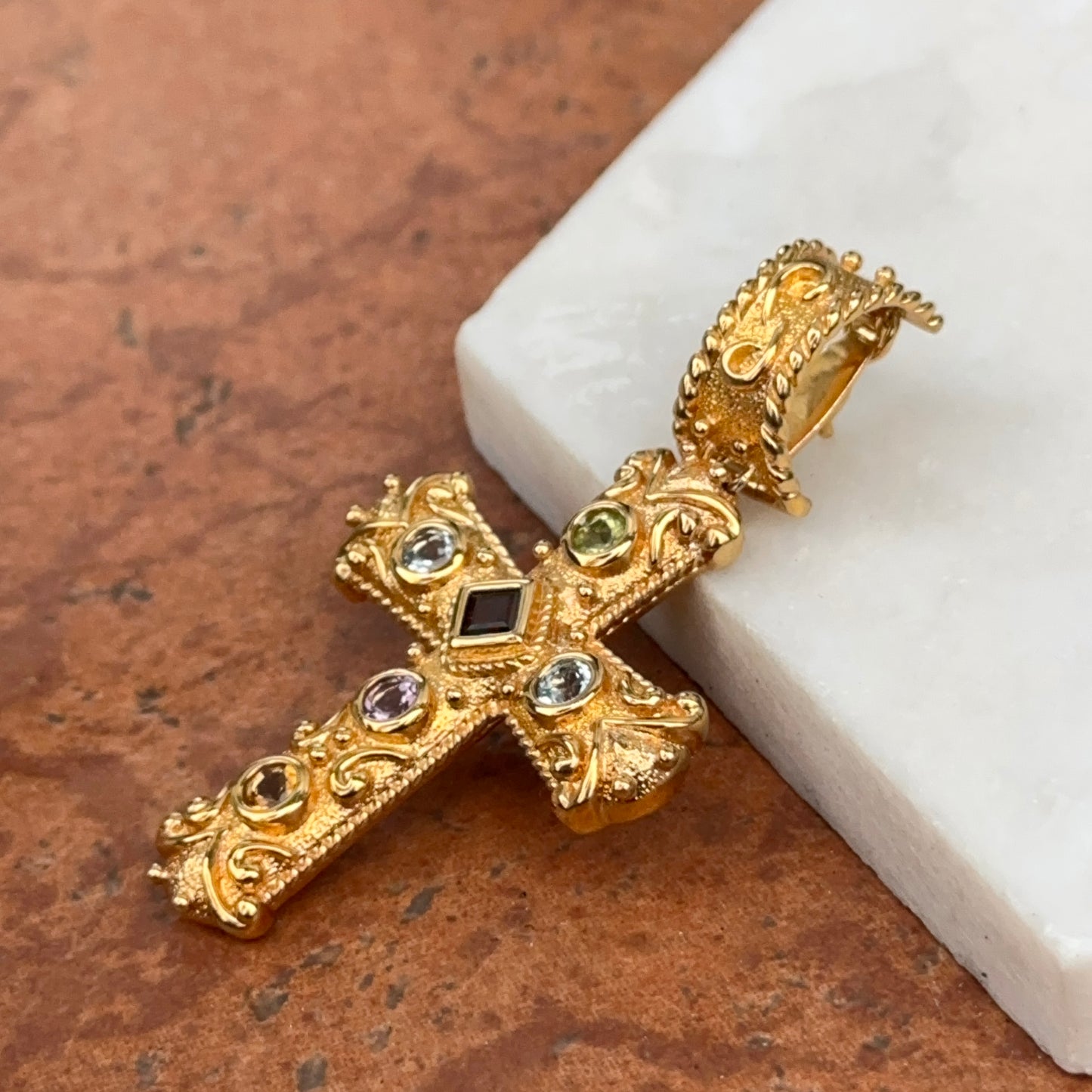 Estate Gold-Plated Sterling Silver Gemstone Byzantine Cross Pendant