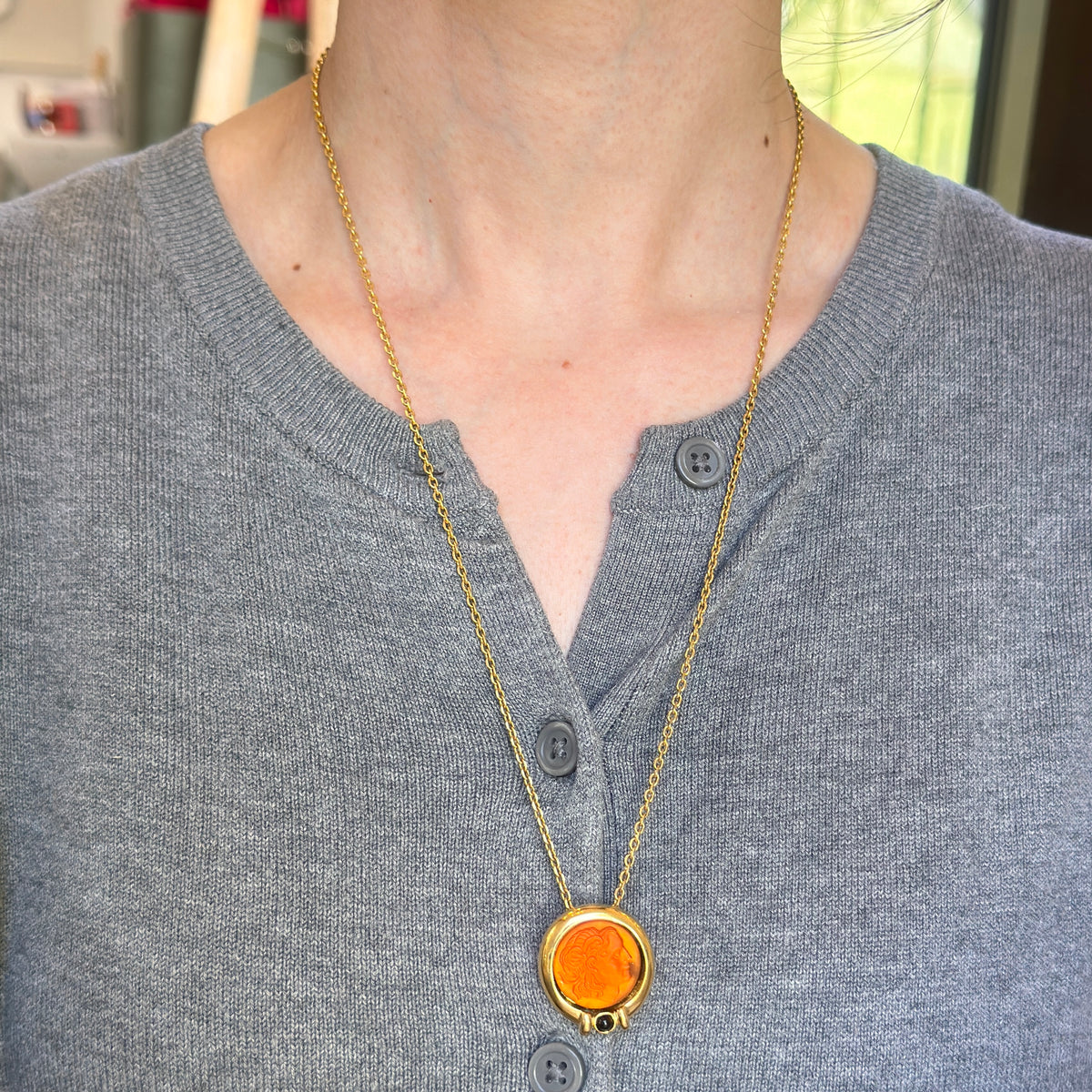 Estate Gold-Tone Orange Intaglio Bezel + Onyx Necklace