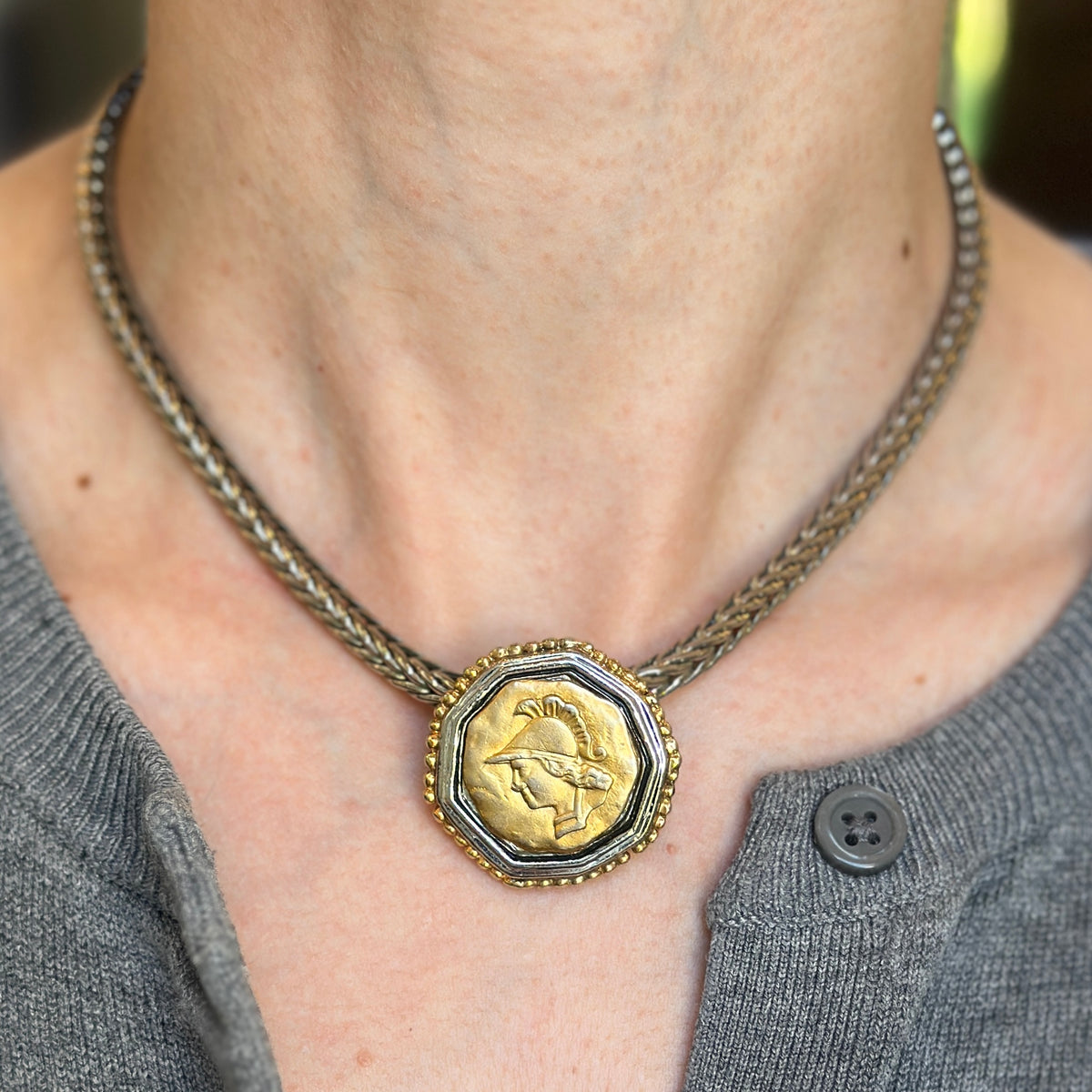 Estate Gold-Tone and Silver Faux Roman Coin Foxtail Necklace