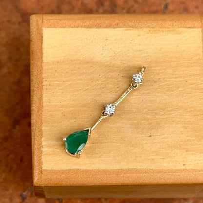 Estate 14KT Yellow Gold Pear Emerald + Diamond Drop Pendant Slide