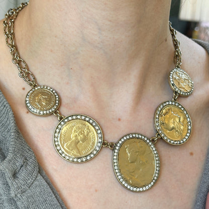 Estate Gold-Tone Replica Coin + CZ Stones Double Chain Necklace