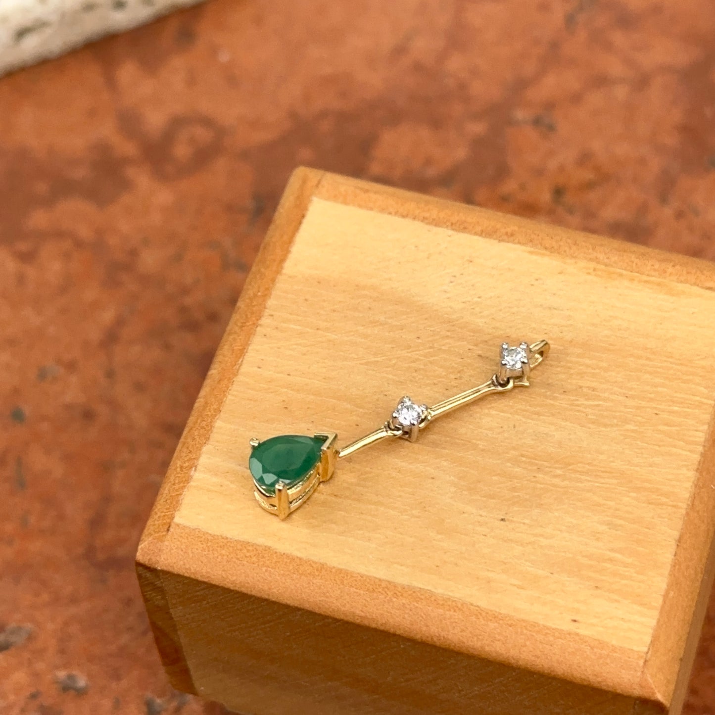 Estate 14KT Yellow Gold Pear Emerald + Diamond Drop Pendant Slide