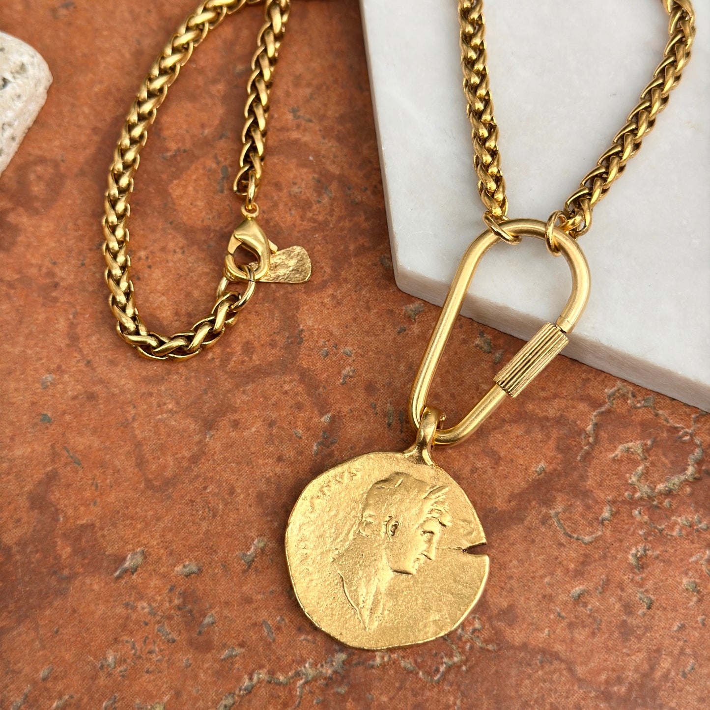 Gold-Plated Brass Faux Coin + Carabiner Chain Necklace