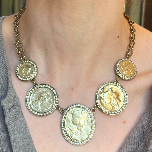 Estate Gold-Tone Replica Coin + CZ Stones Double Chain Necklace