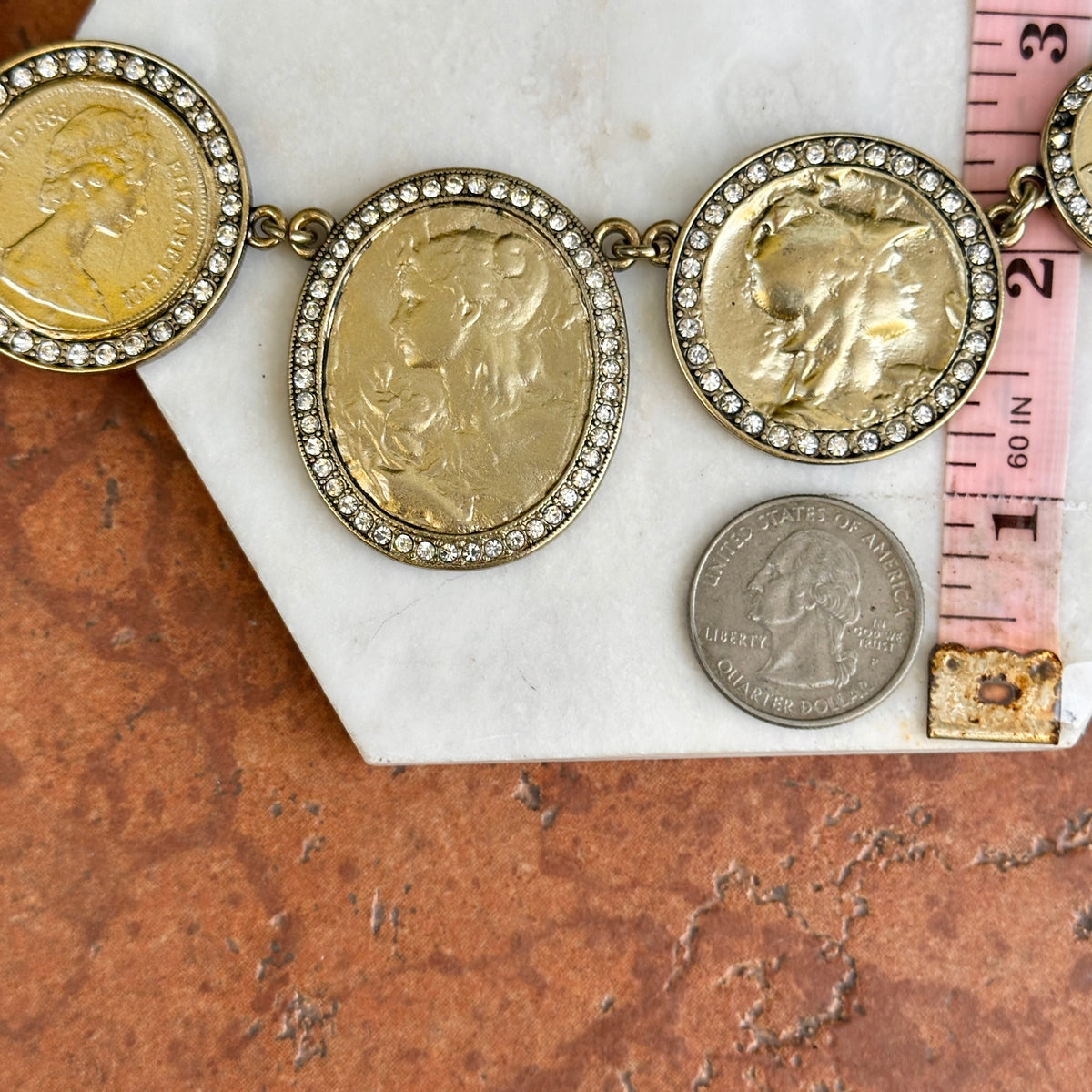 Estate Gold-Tone Replica Coin + CZ Stones Double Chain Necklace