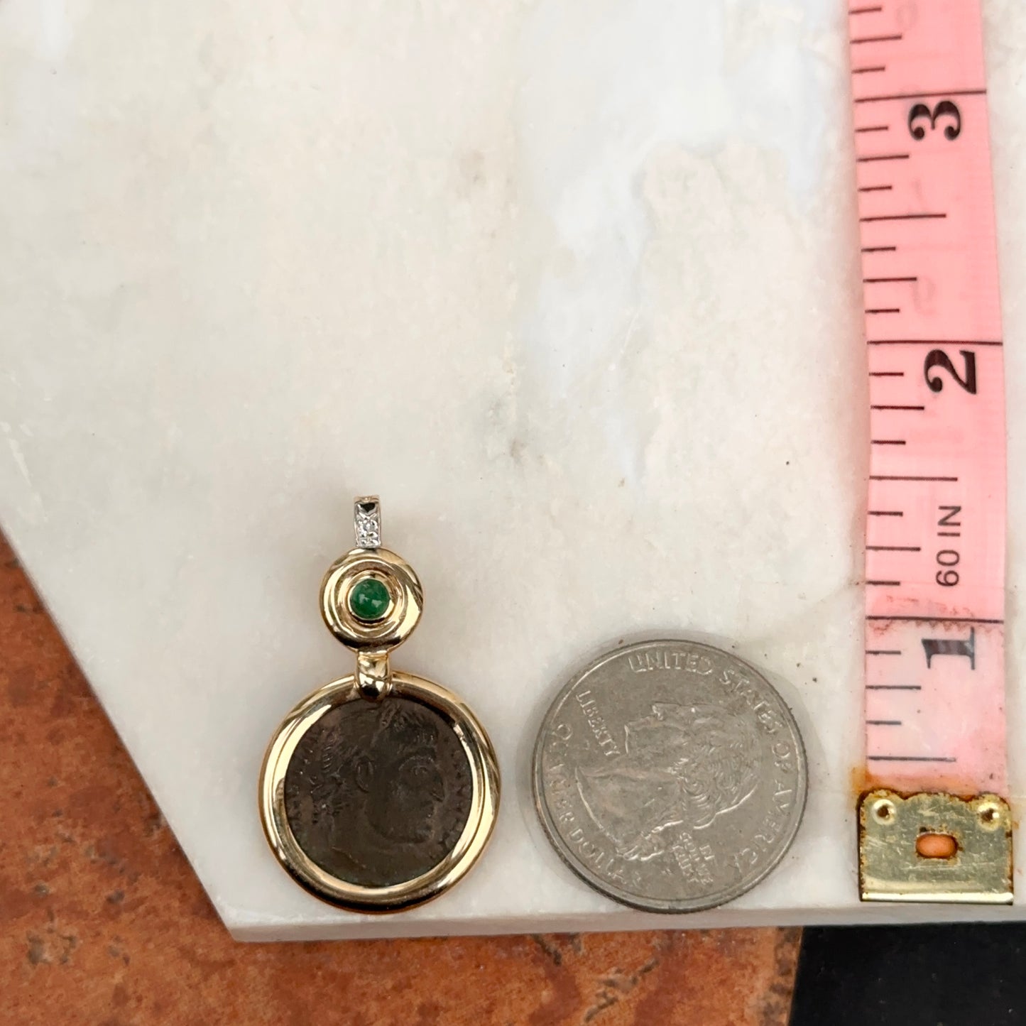 Estate 14KT Yellow Gold Emerald + Diamond Roman Coin Pendant