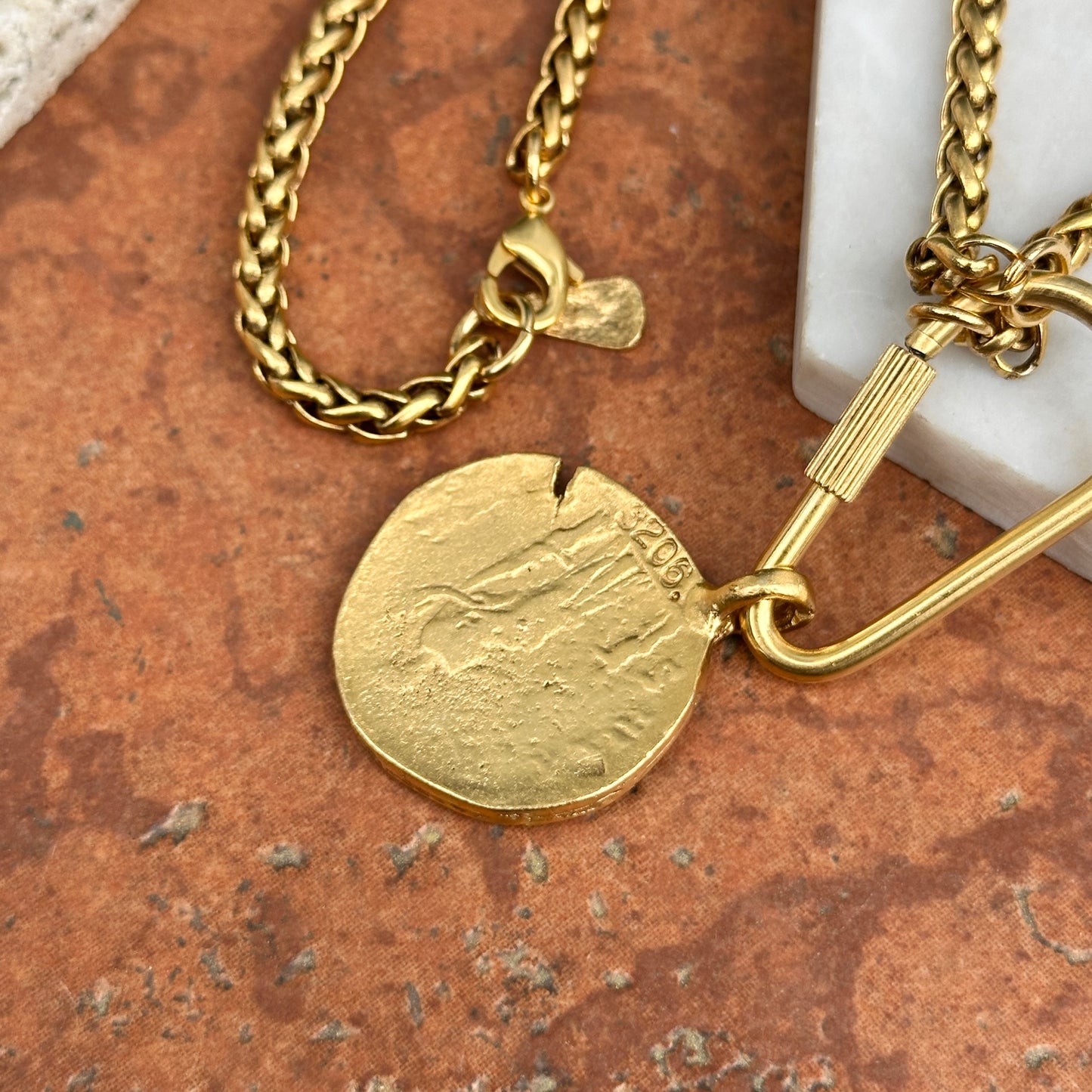 Gold-Plated Brass Faux Coin + Carabiner Chain Necklace