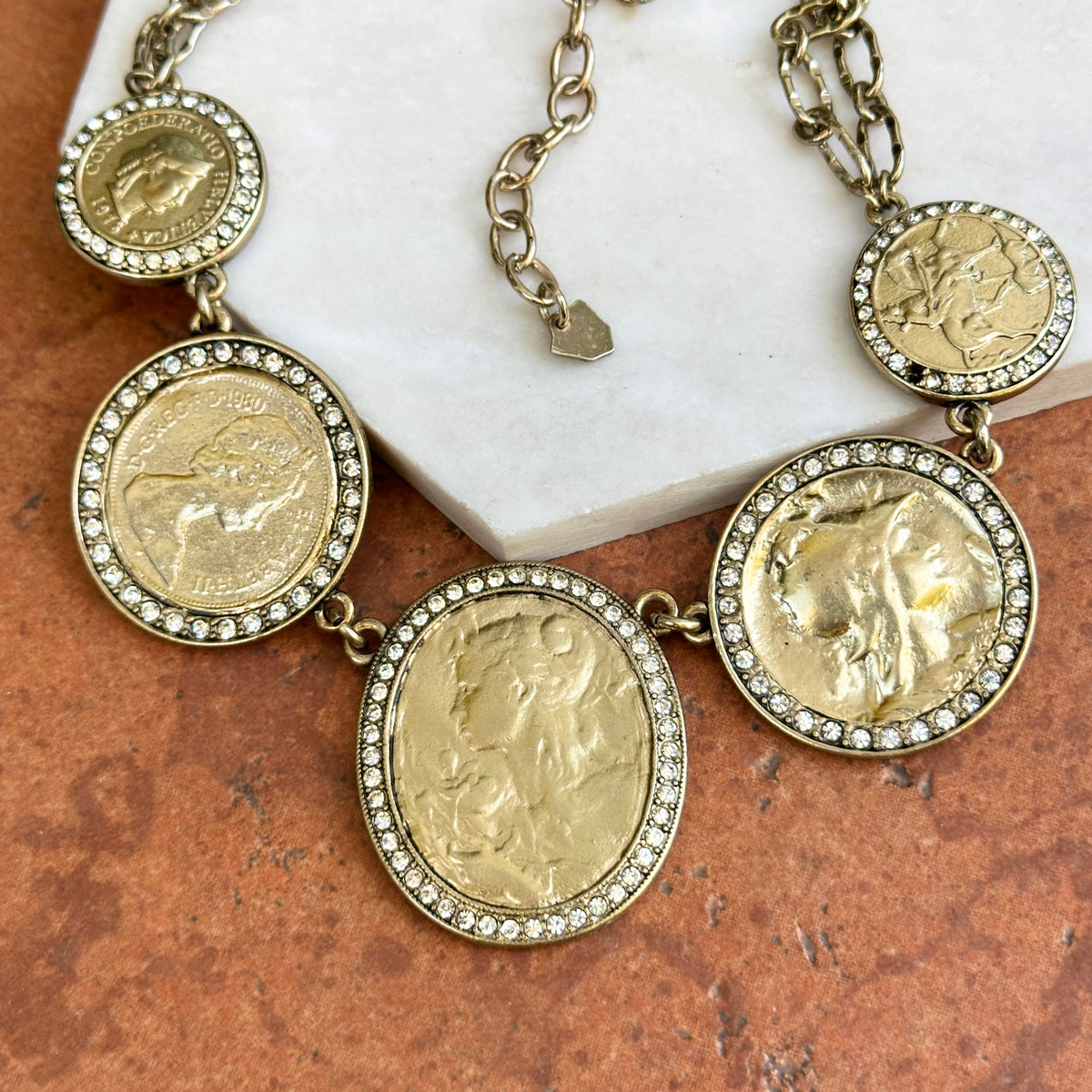 Estate Gold-Tone Replica Coin + CZ Stones Double Chain Necklace