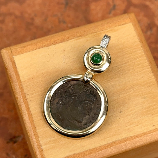 Estate 14KT Yellow Gold Emerald + Diamond Roman Coin Pendant