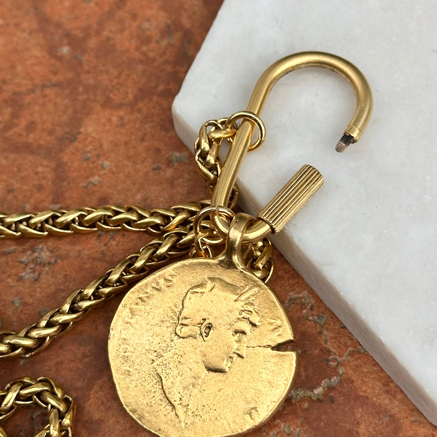 Gold-Plated Brass Faux Coin + Carabiner Chain Necklace