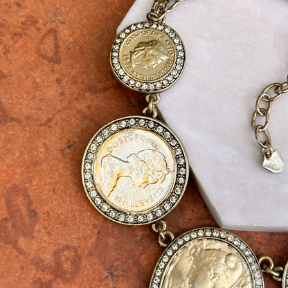 Estate Gold-Tone Replica Coin + CZ Stones Double Chain Necklace