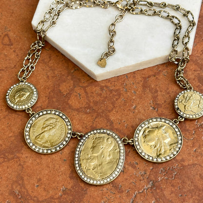 Estate Gold-Tone Replica Coin + CZ Stones Double Chain Necklace