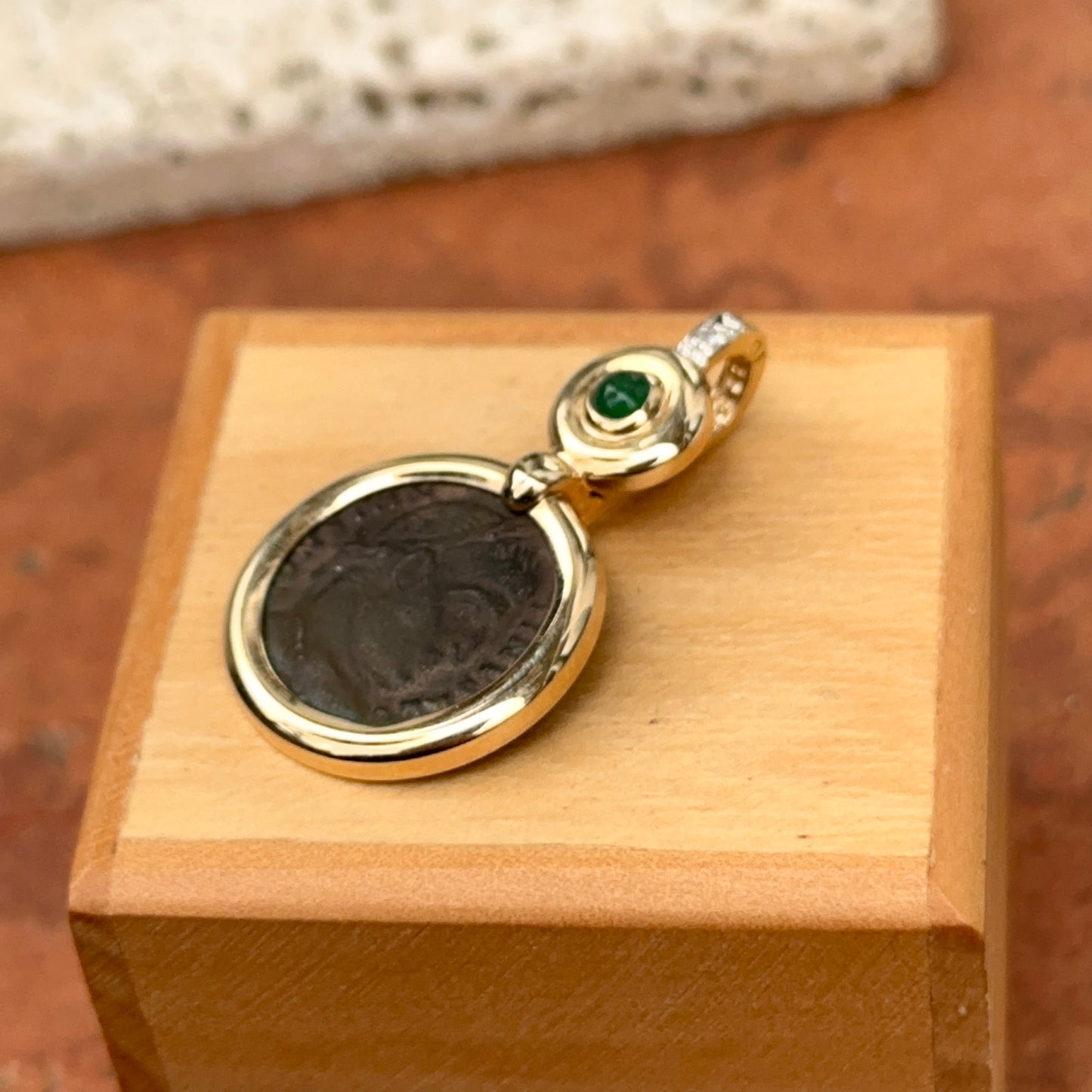 Estate 14KT Yellow Gold Emerald + Diamond Roman Coin Pendant