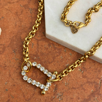Yellow Gold-Plated Brass Crystal Horseshoe Sideways Pendant Necklace