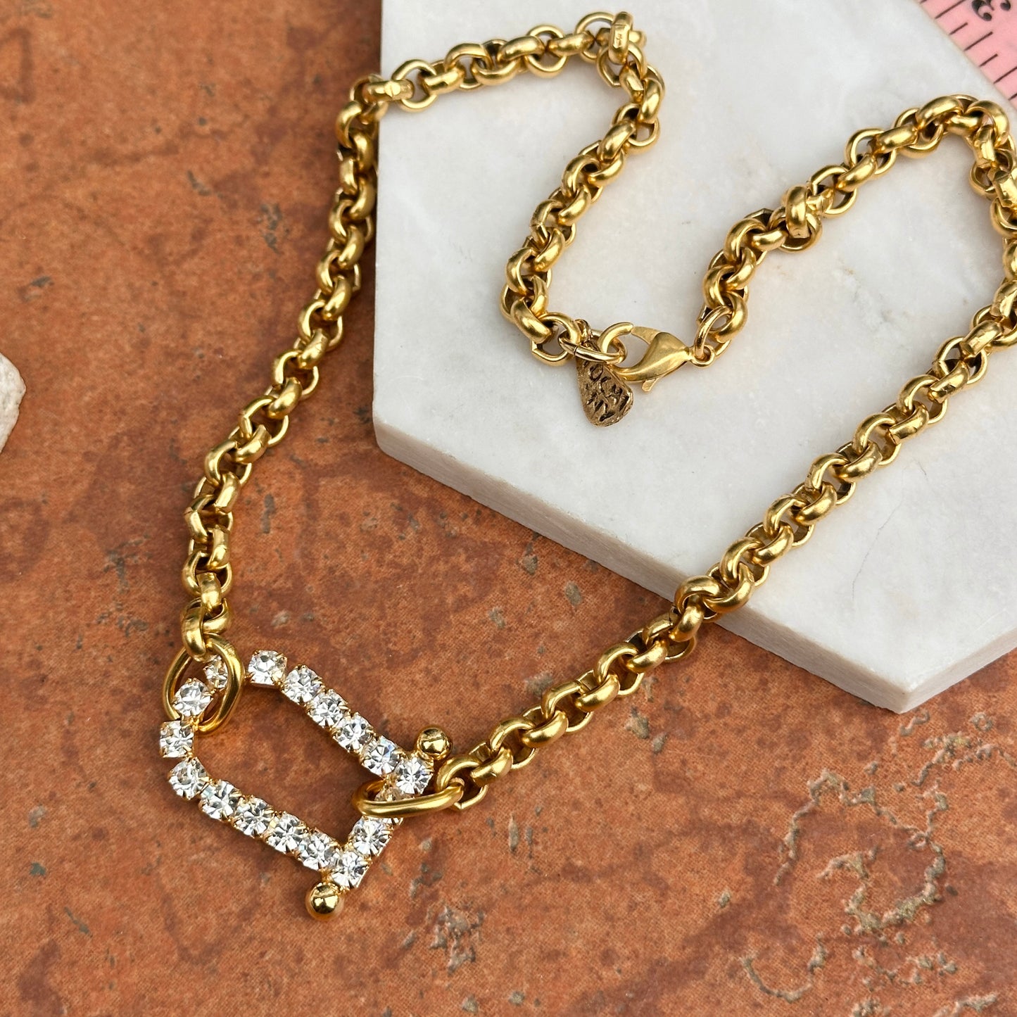 Yellow Gold-Plated Brass Crystal Horseshoe Sideways Pendant Necklace