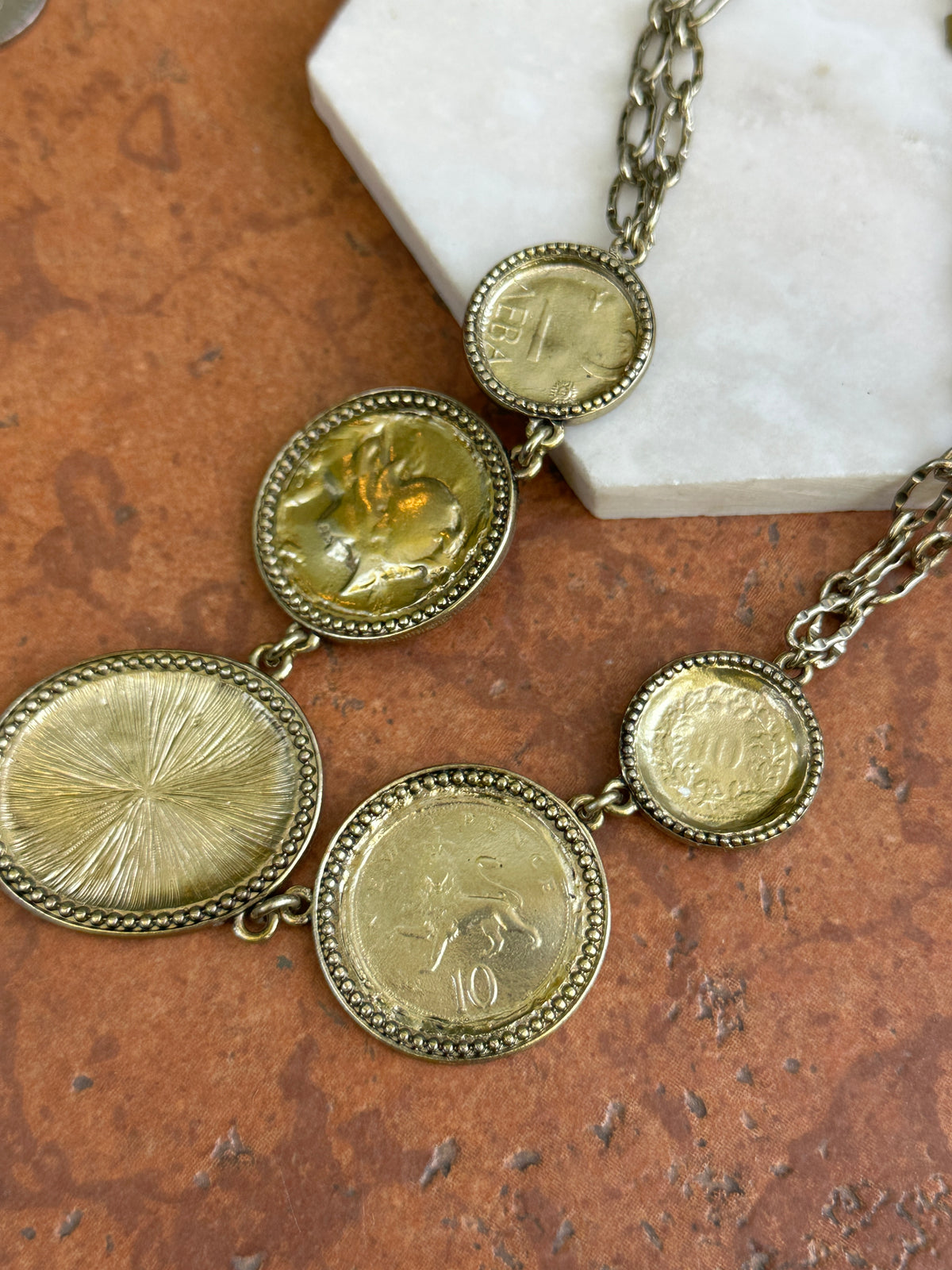 Estate Gold-Tone Replica Coin + CZ Stones Double Chain Necklace