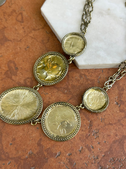 Estate Gold-Tone Replica Coin + CZ Stones Double Chain Necklace