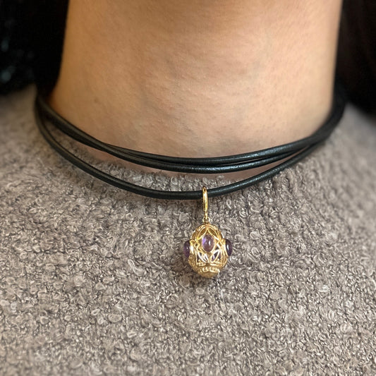 14KT Yellow Gold Black Leather Cord Wrap 3-Strand Necklace Long Length