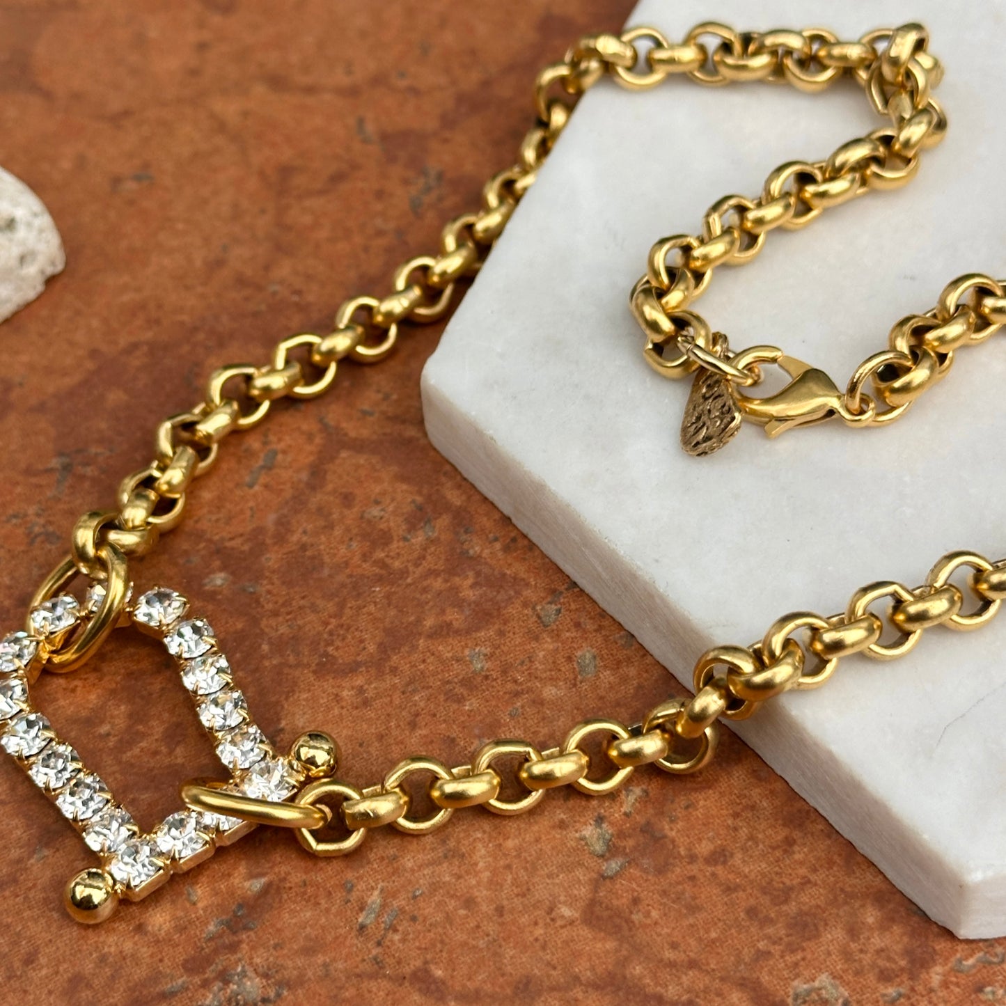 Yellow Gold-Plated Brass Crystal Horseshoe Sideways Pendant Necklace