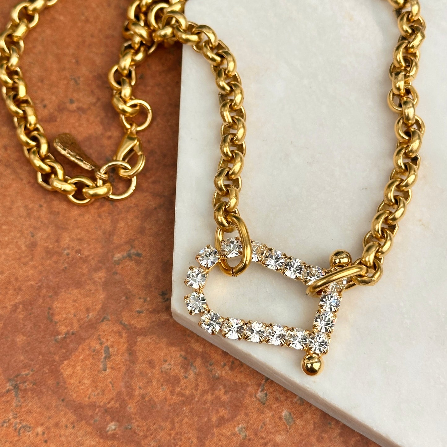 Yellow Gold-Plated Brass Crystal Horseshoe Sideways Pendant Necklace
